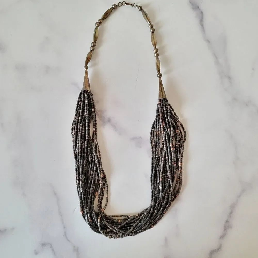 Antique tribal necklace miniature black bead 24 strands artisan handcrafted sout